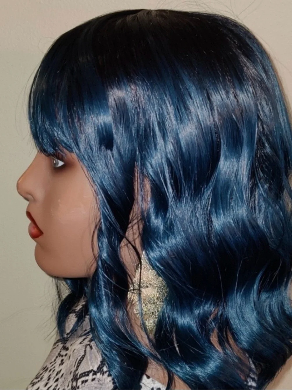 Blue Synthetic Wavy Wig with Bangs - Women Hair